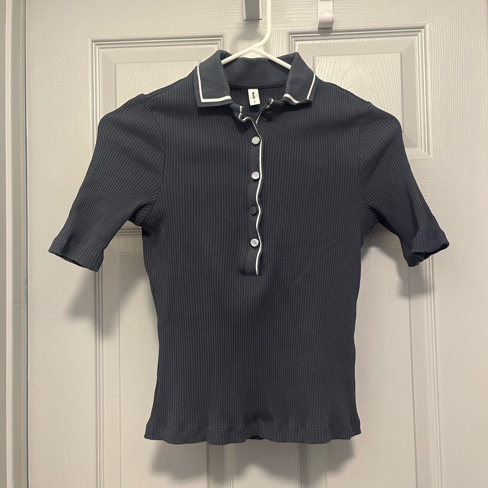 KOTN Charcoal Ribbed Button-Front Polo with White Trim